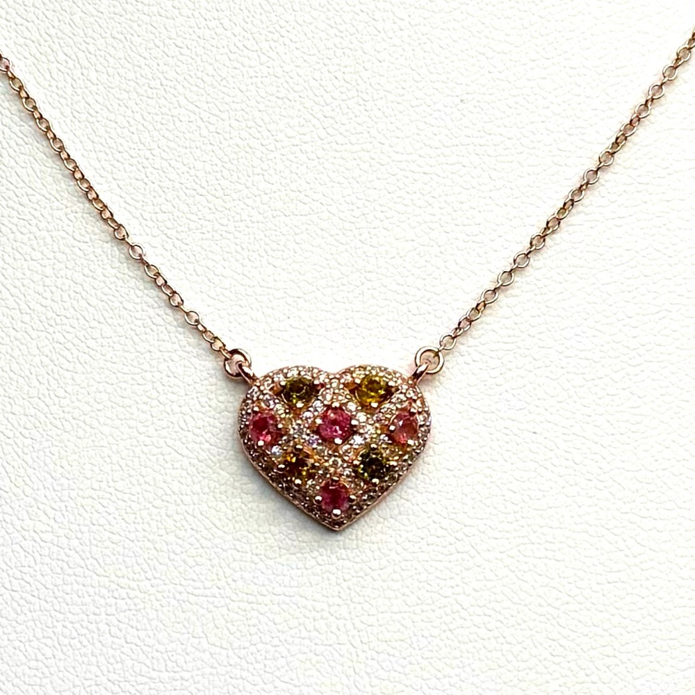 NTR13  0.8CT Rainbow Tourmaline HEART Necklace 18K Rose Gold S925